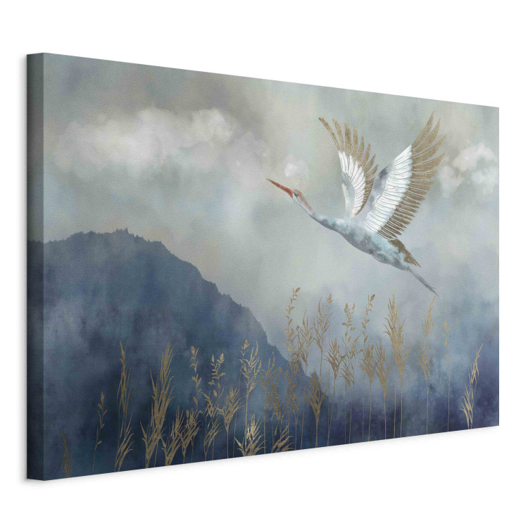 Large canvas print A Heron in Flight - A Bird Flying Against the Background of Dark Blue Mountains Covered With Fog [Large Format] 151190 additionalImage 3