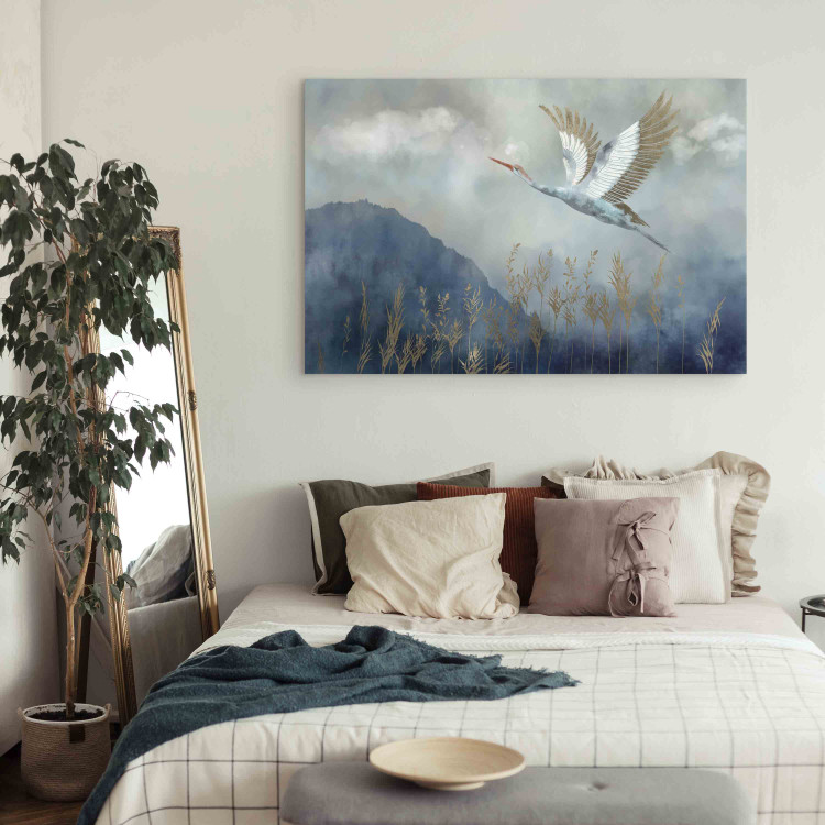 Large canvas print A Heron in Flight - A Bird Flying Against the Background of Dark Blue Mountains Covered With Fog [Large Format] 151190 additionalImage 5