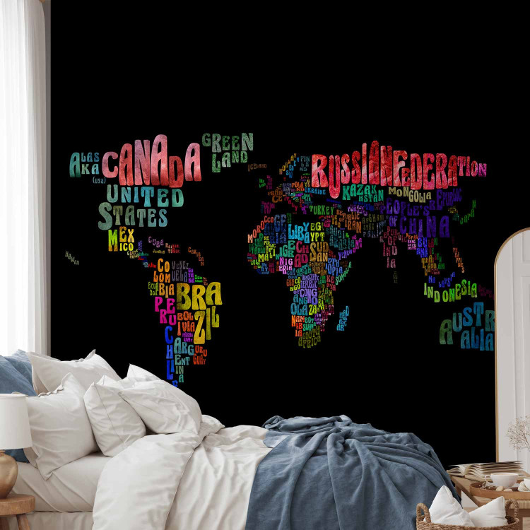 Wall Mural Colourful Journeys - World Map with Colourful Text on a Black Background 59990 additionalImage 2