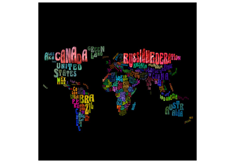 Wall Mural Colourful Journeys - World Map with Colourful Text on a Black Background 59990 additionalImage 1