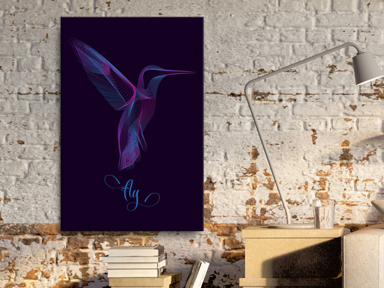 Canvas Print Free Bird (1-part) - Hummingbird with "Fly" Text on Purple Background 117201 additionalImage 3