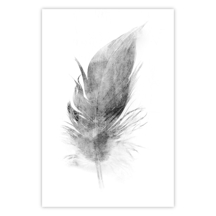 Wall Poster Fleeting - black sketch of a bird feather on contrasting white background 123201