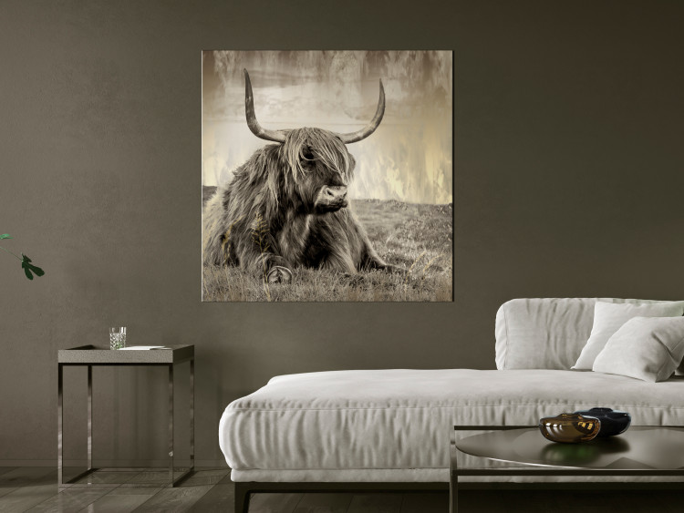 Canvas Rest in the Meadow (1-piece) Square - bull amidst nature in sepia 134701 additionalImage 3