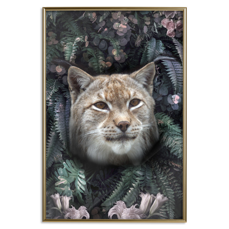 Poster Lynx in Flowers - feline portrait against a background of green plants and flowers 138701 additionalImage 19