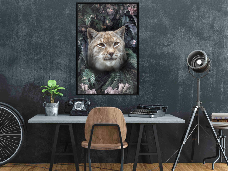 Poster Lynx in Flowers - feline portrait against a background of green plants and flowers 138701 additionalImage 11