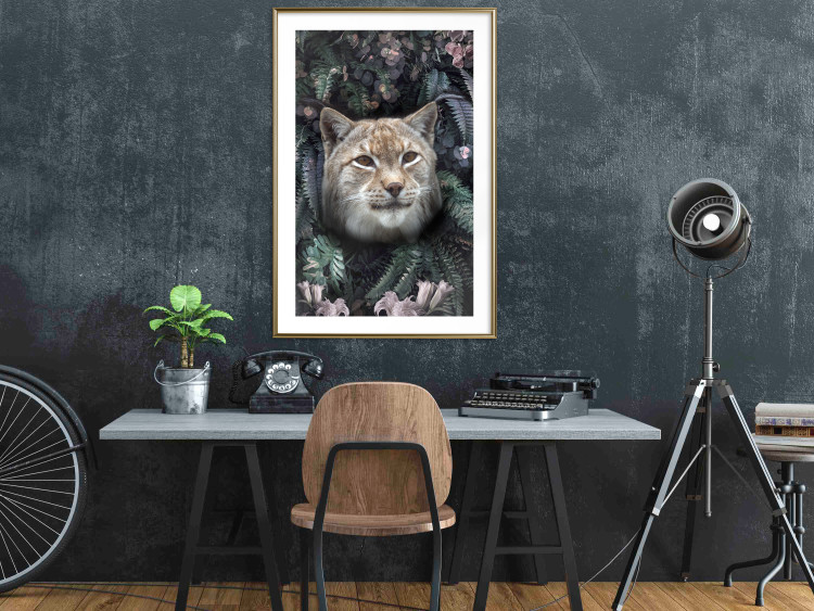 Poster Lynx in Flowers - feline portrait against a background of green plants and flowers 138701 additionalImage 12