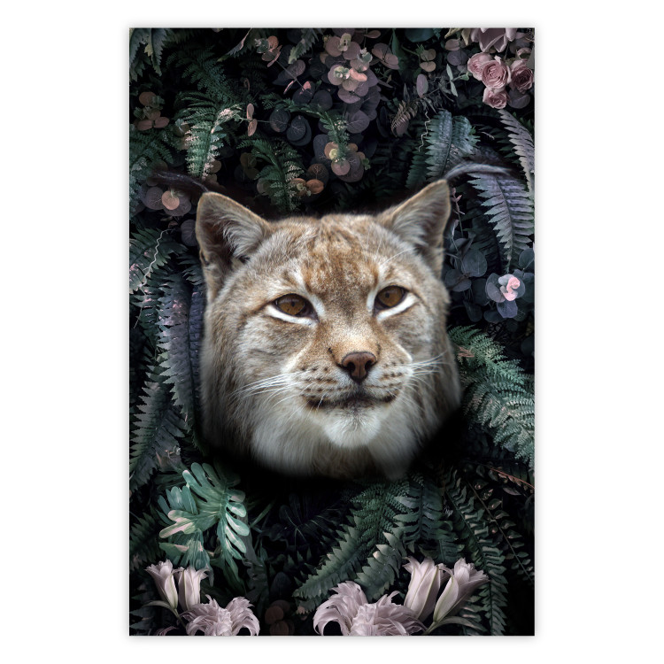Poster Lynx in Flowers - feline portrait against a background of green plants and flowers 138701