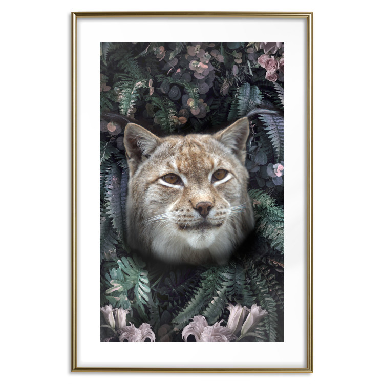 Poster Lynx in Flowers - feline portrait against a background of green plants and flowers 138701 additionalImage 13