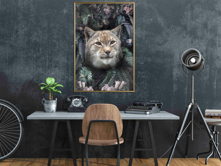 Poster Lynx in Flowers - feline portrait against a background of green plants and flowers 138701 additionalImage 20
