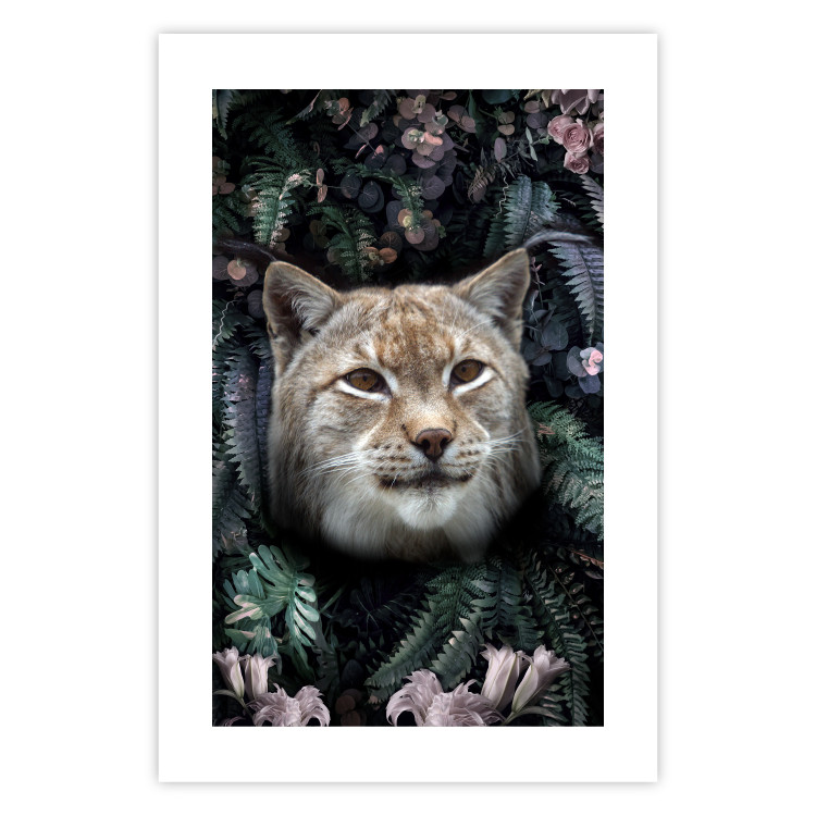 Poster Lynx in Flowers - feline portrait against a background of green plants and flowers 138701 additionalImage 14