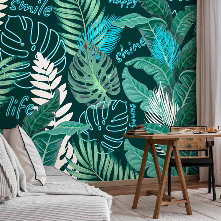 Photo Wallpaper Neon Jungle - Leaves and Inscriptions in Bright Greens and Blues 148801 additionalImage 4