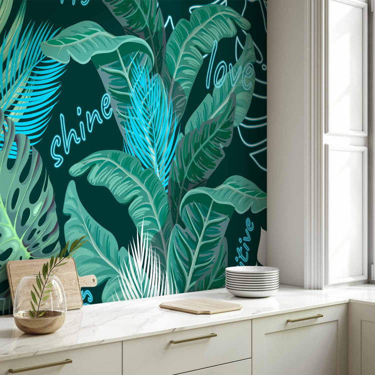 Photo Wallpaper Neon Jungle - Leaves and Inscriptions in Bright Greens and Blues 148801 additionalImage 7