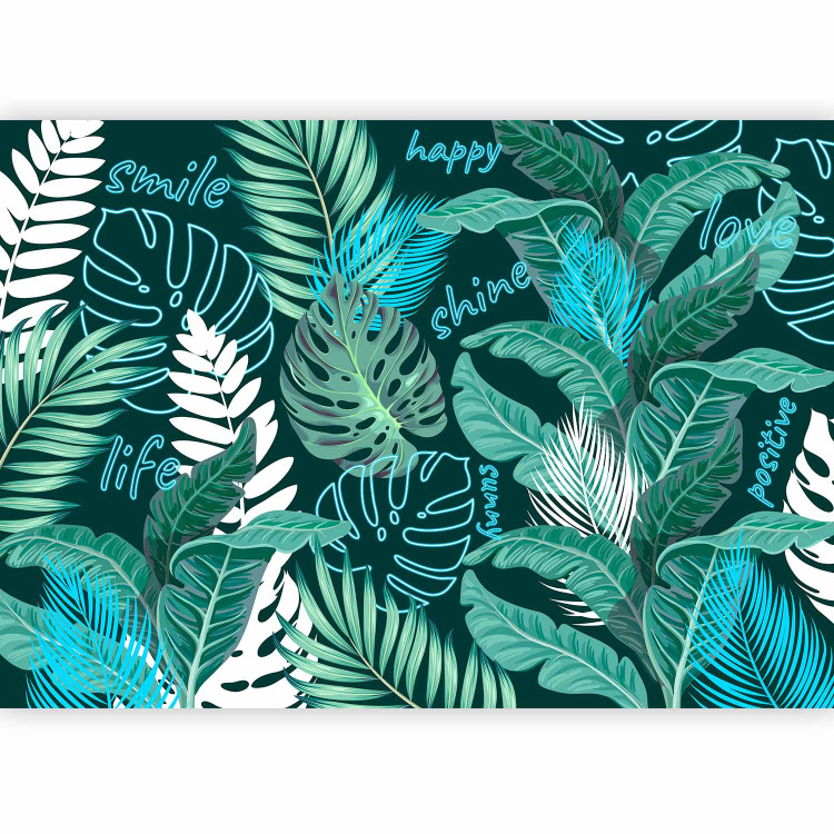 Photo Wallpaper Neon Jungle - Leaves and Inscriptions in Bright Greens and Blues 148801 additionalImage 1