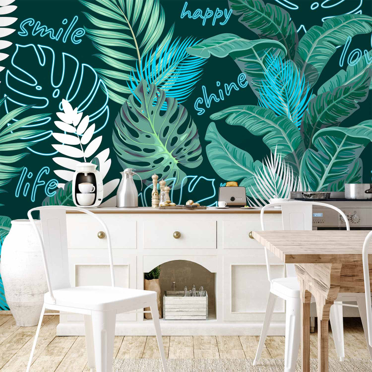 Photo Wallpaper Neon Jungle - Leaves and Inscriptions in Bright Greens and Blues 148801 additionalImage 6