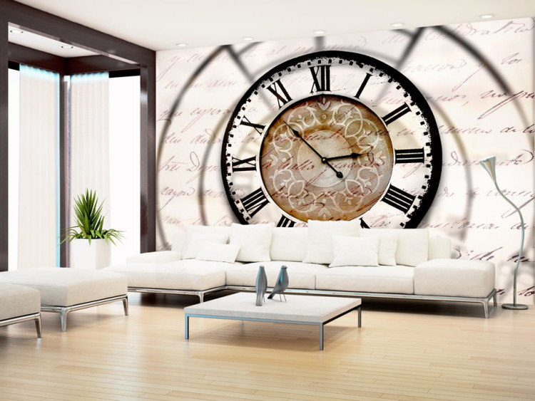 Photo Wallpaper Passage of Time - Large Clock with Shadow on Beige Background with Texts 60901