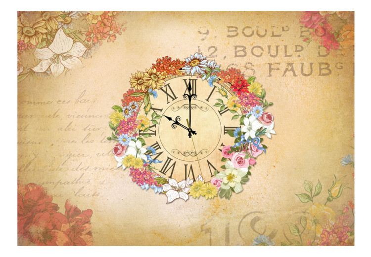 Photo Wallpaper Spring Blossom - Clock surrounded by colorful flowers in a retro style 61101 additionalImage 1