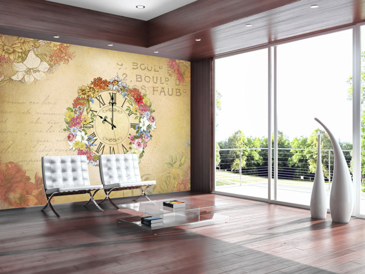 Photo Wallpaper Spring Blossom - Clock surrounded by colorful flowers in a retro style 61101