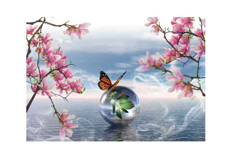 Wall Mural Butterfly Fantasy - Butterfly on a ball against the sea and magnolia background 61301 additionalImage 1