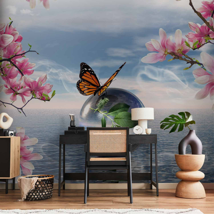 Wall Mural Butterfly Fantasy - Butterfly on a ball against the sea and magnolia background 61301 additionalImage 4