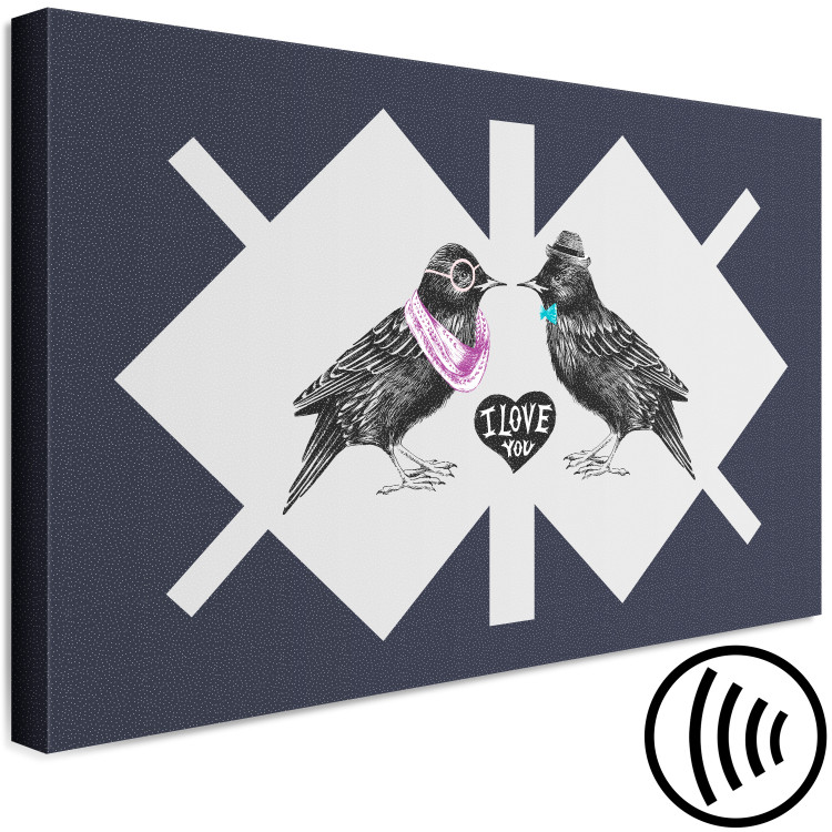 Canvas Art Print Starlings in love - elegant black birds on a geometric background 117611 additionalImage 6
