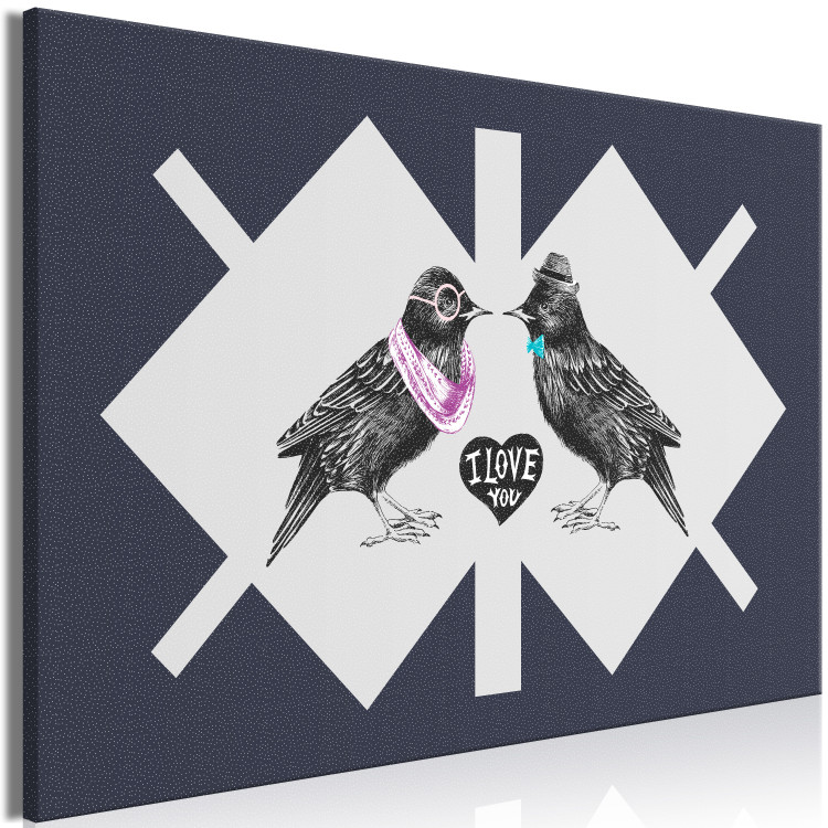 Canvas Art Print Starlings in love - elegant black birds on a geometric background 117611 additionalImage 2