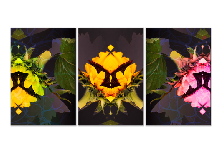 Canvas Art Print Sunflowers fragments triptych - flowers in kaleidoscopic reflection 124411
