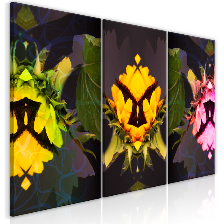 Canvas Art Print Sunflowers fragments triptych - flowers in kaleidoscopic reflection 124411 additionalImage 2