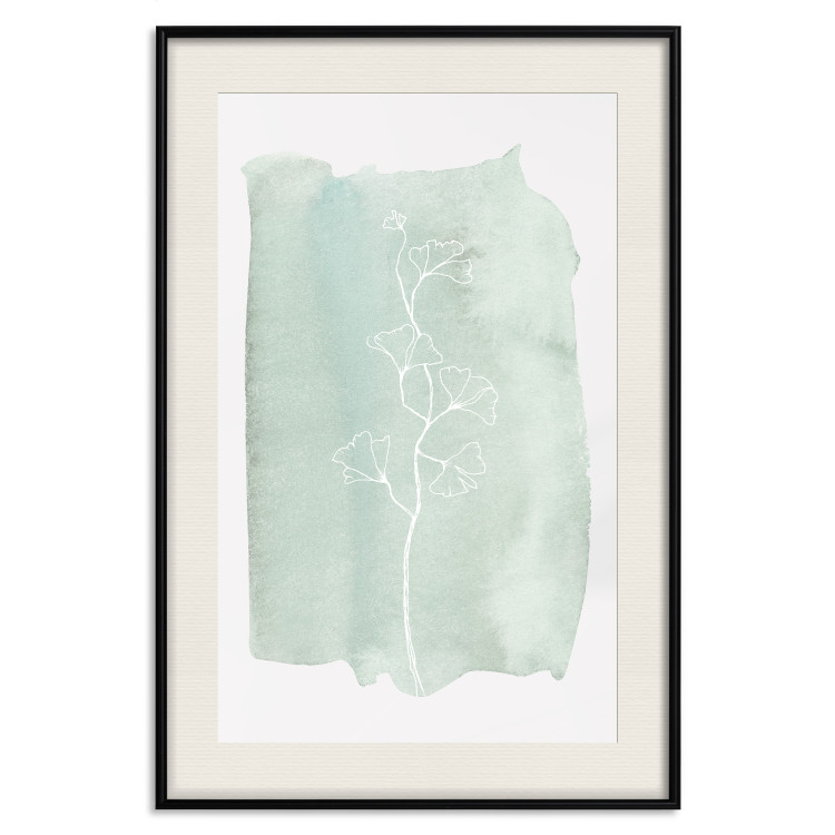 Wall Poster Minty Ginkgo - white line art of a plant with flowers on a mint background 130811 additionalImage 19
