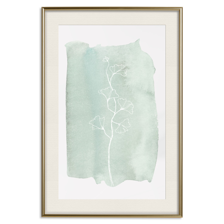 Wall Poster Minty Ginkgo - white line art of a plant with flowers on a mint background 130811 additionalImage 20