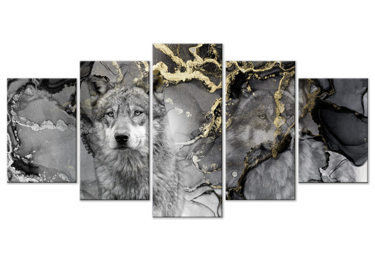 Canvas Art Print Wolves in Gold (5-piece) Wide - gray abstraction and animals 142811