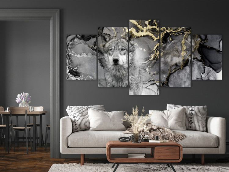 Canvas Art Print Wolves in Gold (5-piece) Wide - gray abstraction and animals 142811 additionalImage 3