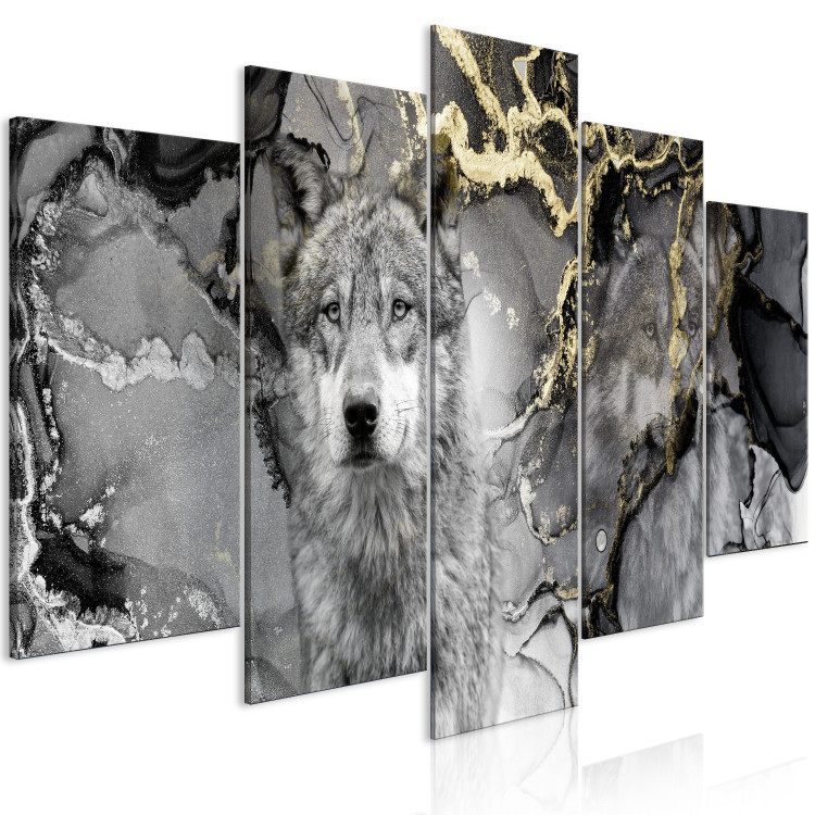 Canvas Art Print Wolves in Gold (5-piece) Wide - gray abstraction and animals 142811 additionalImage 2