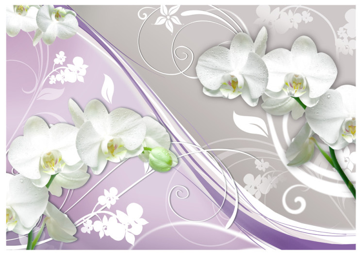 Photo Wallpaper White Orchids - Floral Motif on a Gray Background with Violet Elements 60311 additionalImage 1