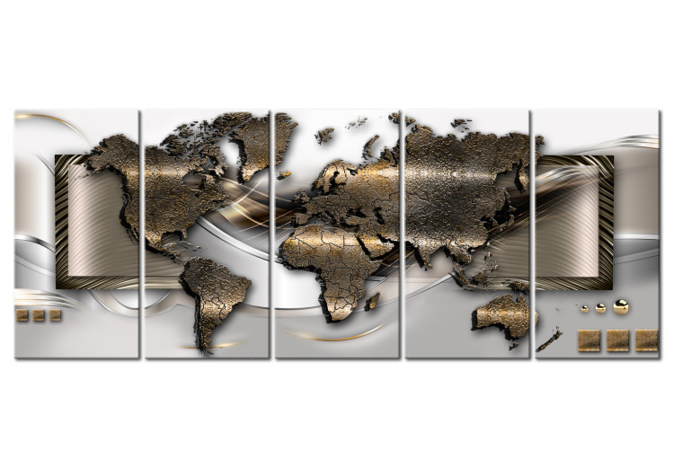 Canvas Art Print Elegant Map (5-piece) - Silver-Gold World with Abstraction in Background 105021