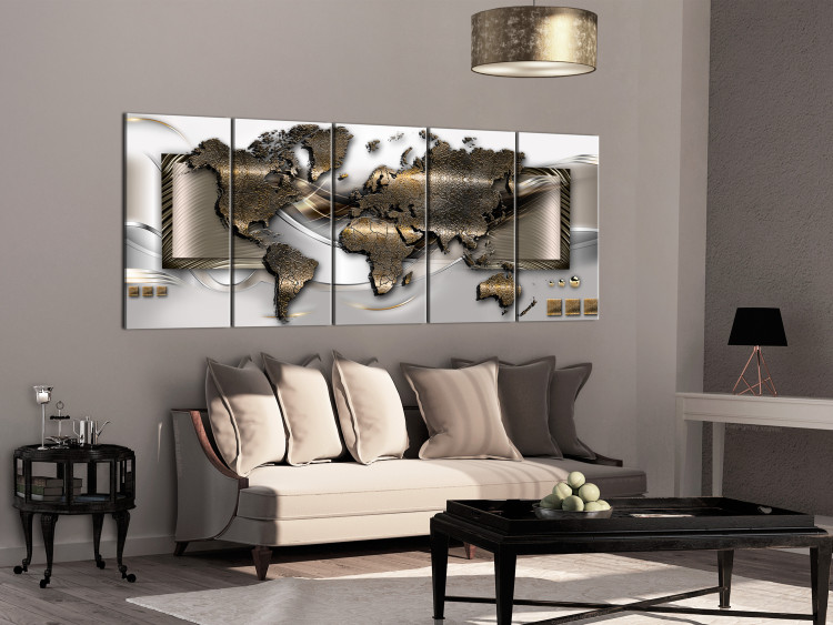 Canvas Art Print Elegant Map (5-piece) - Silver-Gold World with Abstraction in Background 105021 additionalImage 3