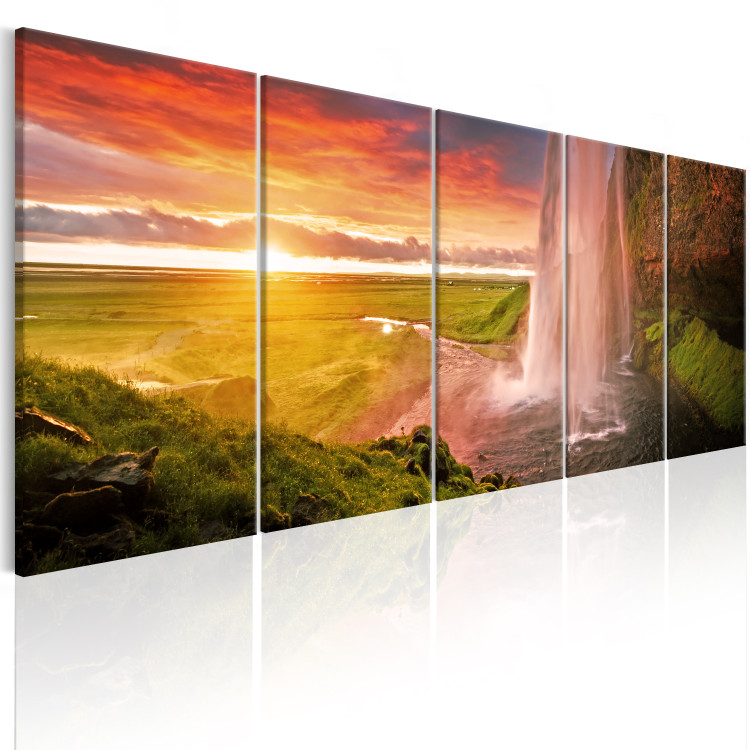 Canvas Art Print Sunny Waterfall (5-piece) - Landscape with Sunset in Mountains 105621 additionalImage 2