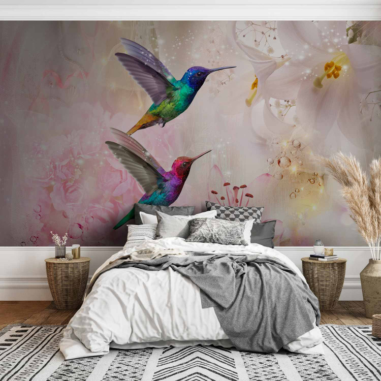 Photo Wallpaper Coloured hummingbirds - motif of birds collecting nectar from lily flowers 107621 additionalImage 2