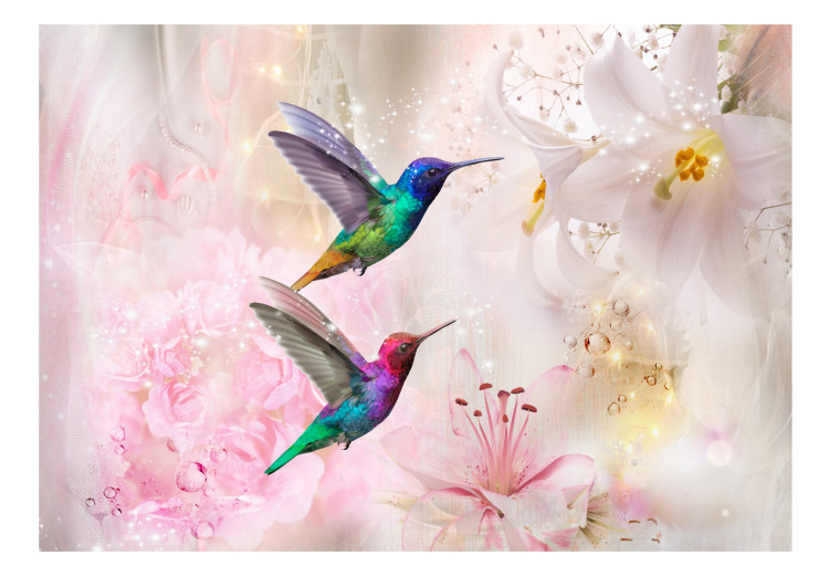 Photo Wallpaper Coloured hummingbirds - motif of birds collecting nectar from lily flowers 107621 additionalImage 1