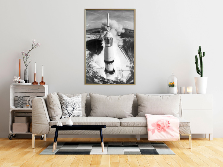 Wall Poster Cosmic Speed - black and white launching rocket against landscape 123521 additionalImage 5
