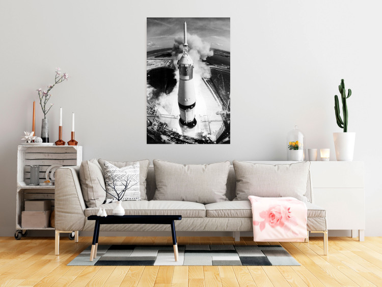 Wall Poster Cosmic Speed - black and white launching rocket against landscape 123521 additionalImage 23