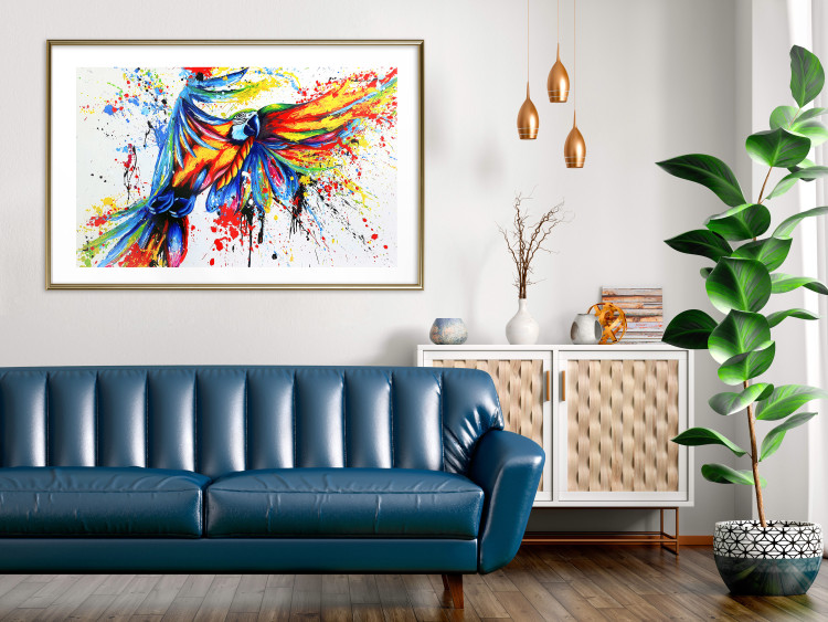 Poster Phenomenal Flight - abstract flying colorful parrot on a white background 127321 additionalImage 15