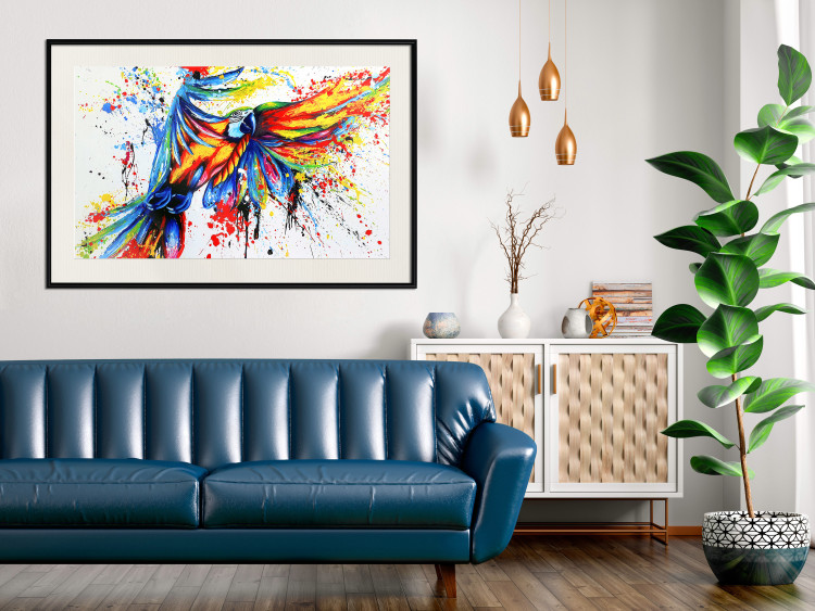 Poster Phenomenal Flight - abstract flying colorful parrot on a white background 127321 additionalImage 24