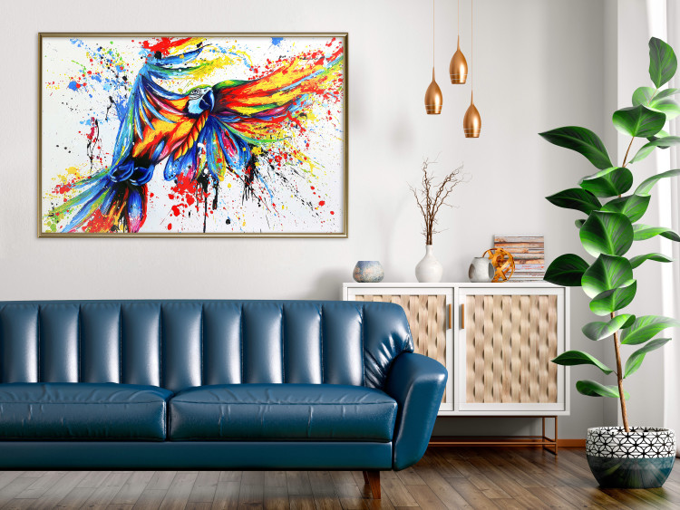 Poster Phenomenal Flight - abstract flying colorful parrot on a white background 127321 additionalImage 7