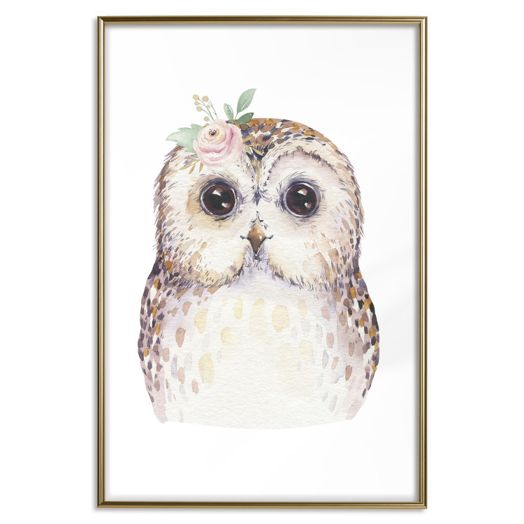 Wall Poster Cheerful Owl - portrait of an owl with a flower on a white contrasting background 135721 additionalImage 9