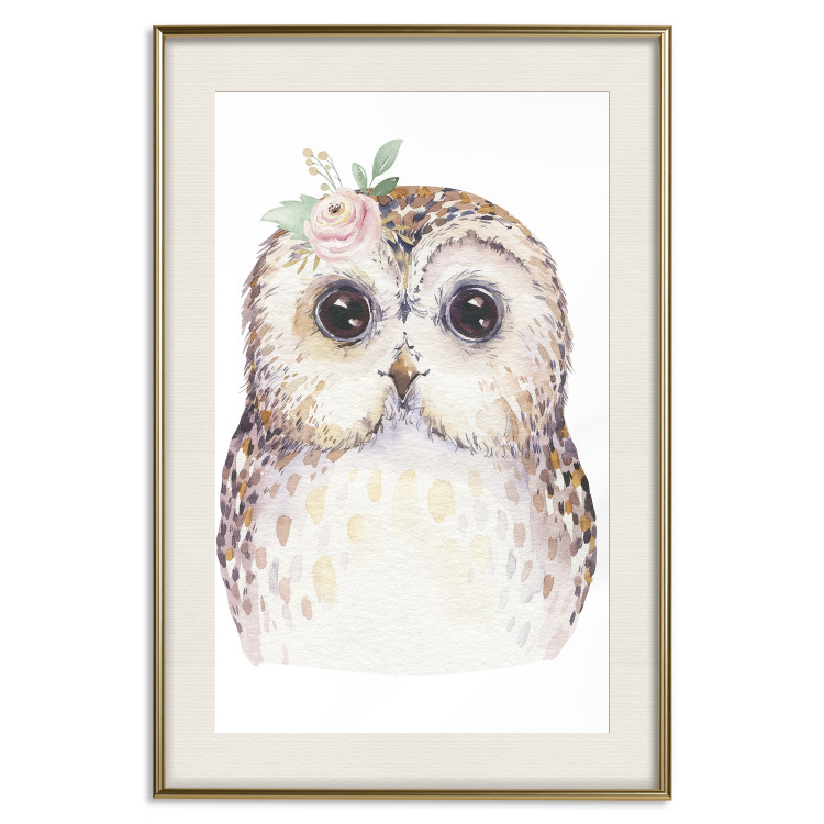 Wall Poster Cheerful Owl - portrait of an owl with a flower on a white contrasting background 135721 additionalImage 12