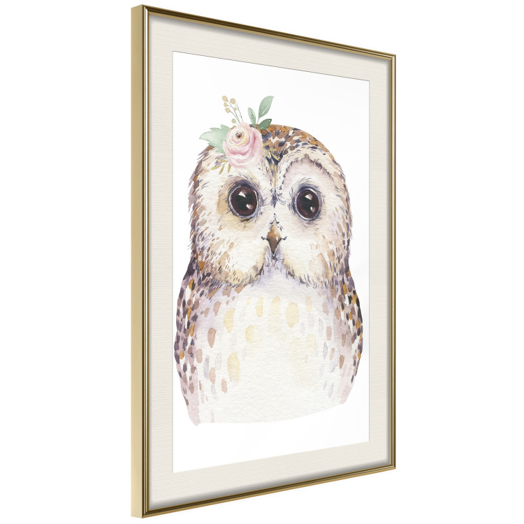 Wall Poster Cheerful Owl - portrait of an owl with a flower on a white contrasting background 135721 additionalImage 2