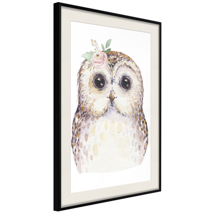 Wall Poster Cheerful Owl - portrait of an owl with a flower on a white contrasting background 135721 additionalImage 4