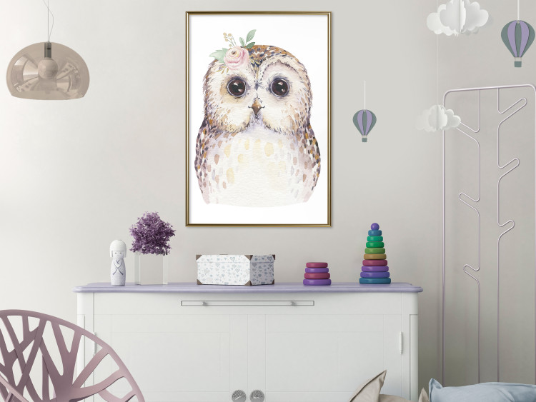 Wall Poster Cheerful Owl - portrait of an owl with a flower on a white contrasting background 135721 additionalImage 17