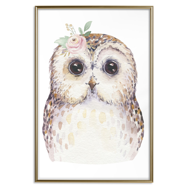Wall Poster Cheerful Owl - portrait of an owl with a flower on a white contrasting background 135721 additionalImage 11