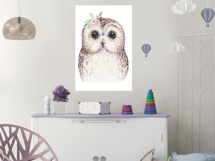 Wall Poster Cheerful Owl - portrait of an owl with a flower on a white contrasting background 135721 additionalImage 27
